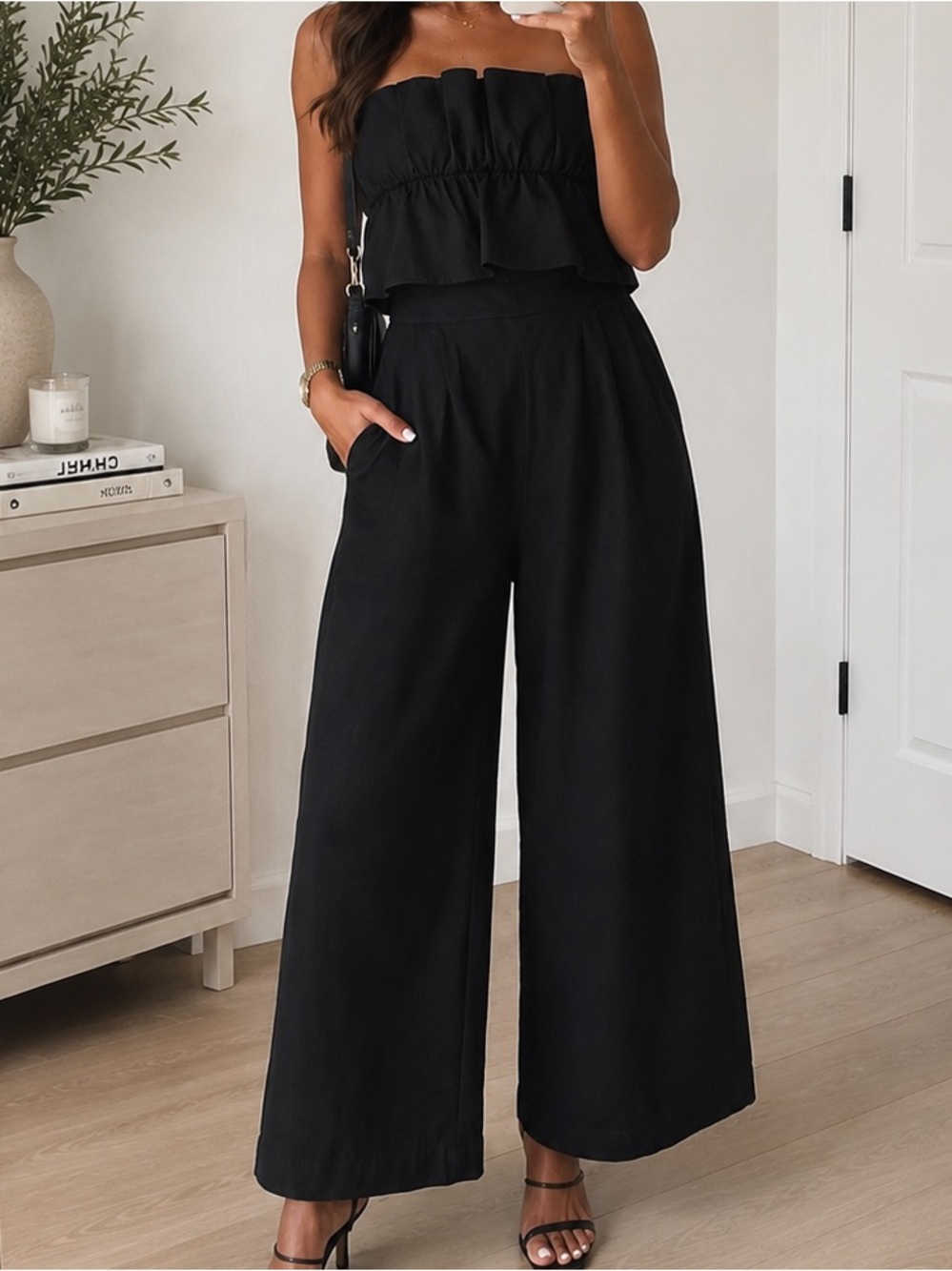 Astr Black Strapless Peplum-Waist Jumpsuit